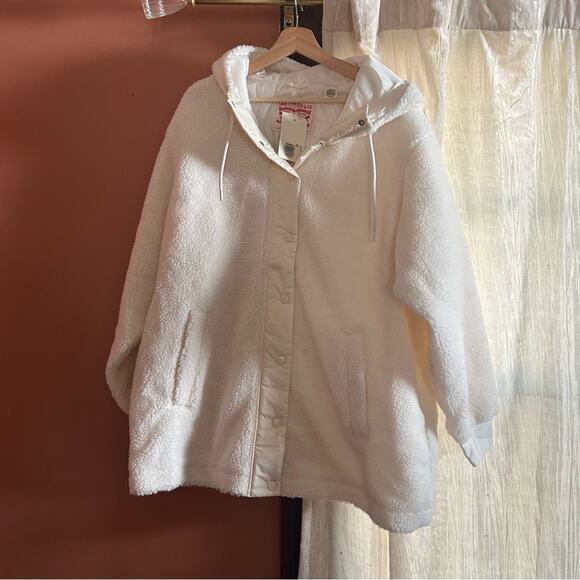 Levi’s Sherpa Button Hooded Teddy Jacket Plush Cream White NWT MSRP $148 Size XL - Picture 1 of 4